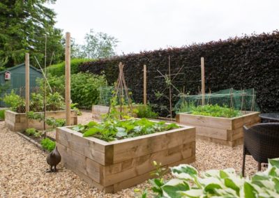 A Potager garden with raised vegetable beds and gravel paths